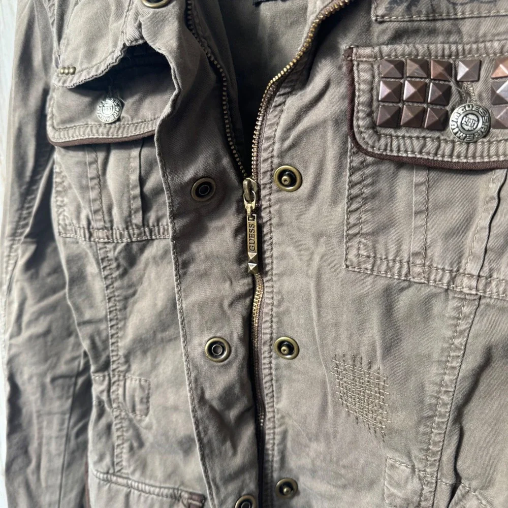 Vintage Y2K Guess Military Style Button Zip Jacket Olive Green‎ Grunge Womens S - Picture 8 of 9